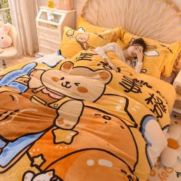 Cartoon Milk Flour Bed Set Of Four (Option: Thinking about things orange-Fitted sheet style-1.8M)