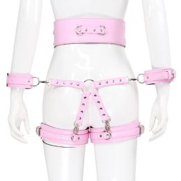 Leather Handcuffs Leg Cuffs With Waist Restraint Belt Toys (Color: pink)