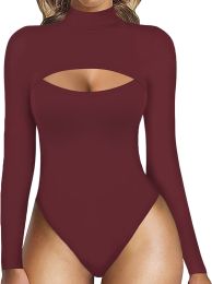 Women's Fashion Solid Color Hollow Long Sleeve Stretch One-piece Corset (Option: Wine Red-XS)