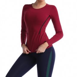 Round Neck Stretch Sports Long-sleeved Top Fitness Women (Option: Red-S)