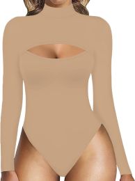 Women's Fashion Solid Color Hollow Long Sleeve Stretch One-piece Corset (Option: Skin Color-XS)