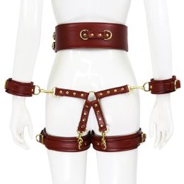 Leather Handcuffs Leg Cuffs With Waist Restraint Belt Toys (Color: brown)