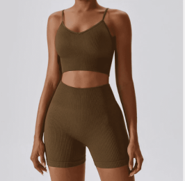 Seamless Knitted Thread Yoga Suit (Option: Dark coffee color suit-L)