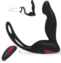 Luxurious Penis Ring & Anal plug Combo Vibrating P-Gasm Penis Ring Plug (Color: Black)