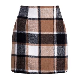 High-waisted Plaid Skirt Tight Pencil Wool Mini Skirt (Option: Brown-2xl)