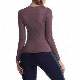 Round Neck Stretch Sports Long-sleeved Top Fitness Women (Option: Purple-L)