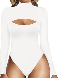 Women's Fashion Solid Color Hollow Long Sleeve Stretch One-piece Corset (Option: White-M)