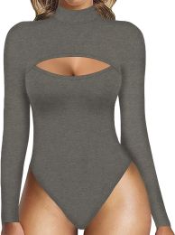 Women's Fashion Solid Color Hollow Long Sleeve Stretch One-piece Corset (Option: Dark Gray-M)