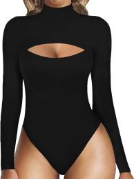 Women's Fashion Solid Color Hollow Long Sleeve Stretch One-piece Corset (Option: Black-M)
