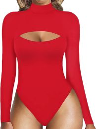 Women's Fashion Solid Color Hollow Long Sleeve Stretch One-piece Corset (Option: Red-M)
