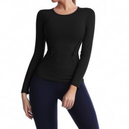 Round Neck Stretch Sports Long-sleeved Top Fitness Women (Option: Black-L)