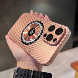 Laser Magnetic Ring Carbon Fiber Pattern Frosted Goggles Phone Case (Option: Rose Gold-Iphone13)